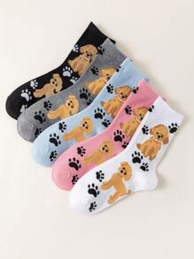 5 Pairs Women Cute Cartoon Poodle And Cat Paw Pattern Mid-Calf Socks, Mixed Colors, Comfortable Soft Breathable Suitable For Daily, Sports, Walking, Outdoor, Street, Couples, Casual, All Seasons, Spring/Summer/Autumn/Winter, Fall - Multicolor - View 7