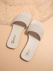 Plus Size Slip-On Sandals, New Spring/Summer Square Toe Flat Sandals, Pair With Dresses To Make Legs Look Longer, Fashionable Sandals, Beautiful Girl Summer Beach Slip-On Non-Slip Slippers - Beige - View 7