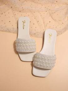 Plus Size Slip-On Sandals, New Spring/Summer Square Toe Flat Sandals, Pair With Dresses To Make Legs Look Longer, Fashionable Sandals, Beautiful Girl Summer Beach Slip-On Non-Slip Slippers - Beige - View 6