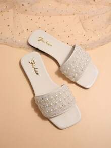 Plus Size Slip-On Sandals, New Spring/Summer Square Toe Flat Sandals, Pair With Dresses To Make Legs Look Longer, Fashionable Sandals, Beautiful Girl Summer Beach Slip-On Non-Slip Slippers - Beige - View 5