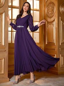 女士春秋优雅水钻装饰褶皱长裙 - 紫色 - 查看 6