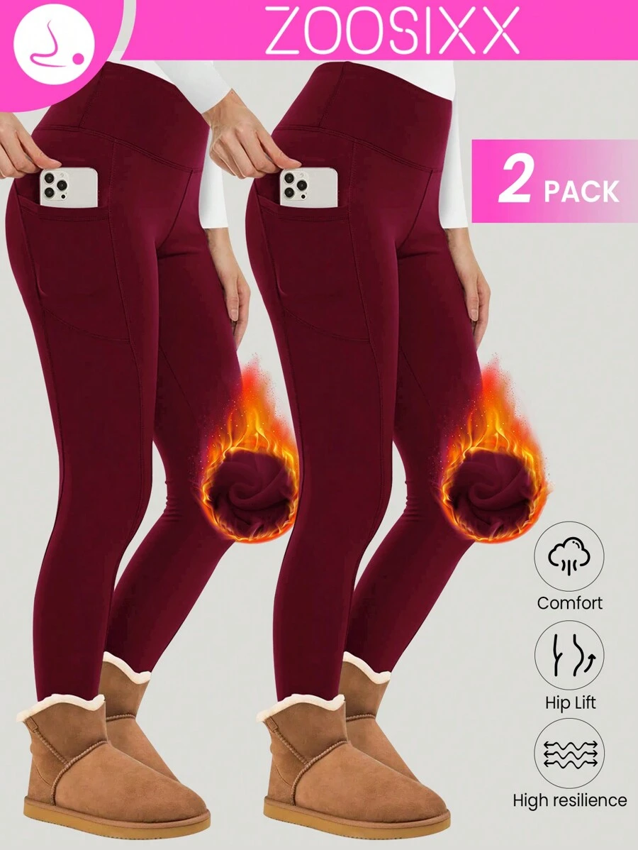 ZOOSIXX 2 件套女士羊毛内衬高腰紧身裤 - 保暖冬季裤子，收腹瑜伽徒步跑步紧身裤 - 混合色 - 查看 1