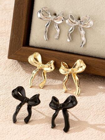 Metal Bow Earrings Set For Women, Suitable For New Year, Valentine's Day Wear, Good As Jewelry Gift Valentines,Mom,Mother,Mother's Day,Gift