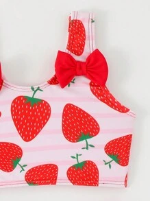 3pcs/Set Young Girl' Strawberry Printed Swimwear & Sports Outfits, Spring/Summer - Red - View 5