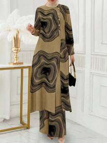 Women Button-Decorated Solid Color Long Sleeve Top & Pants Set, Arabic Style Clothing, Modest - Multicolor - View 1