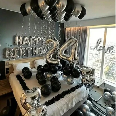 Bộ 580 vòng hoa bóng bay sinh nhật màu đen và bạc, bóng bay số lá kim loại cỡ lớn 40", cánh hoa hồng đen, phù hợp cho nam và nữ, trang trí tiệc sinh nhật lần thứ 16, 18, 20, 21, 25, 30, 35, 45