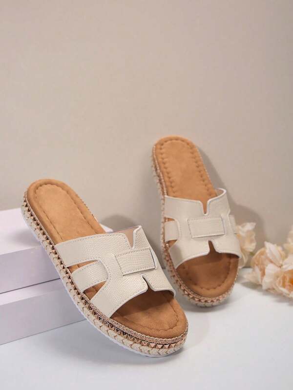 2025 Summer New Slip-On Sandals, Beige Color, Thick Sole, For Beach, Travel, Casual Street Wear