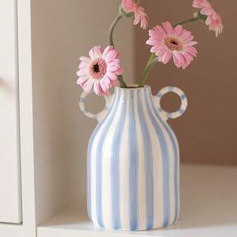 NJCHARMS 1pc Exquisite Hand-Painted Ceramic Vase - Unique Dual-Ear Striped Niche Design, Material - Very Suitable For Homestay Dining Table Flower Arrangement And Decoration, Beautiful Home Decor, Home Decoration, Vase, Center Decor, Tabletop Decoration