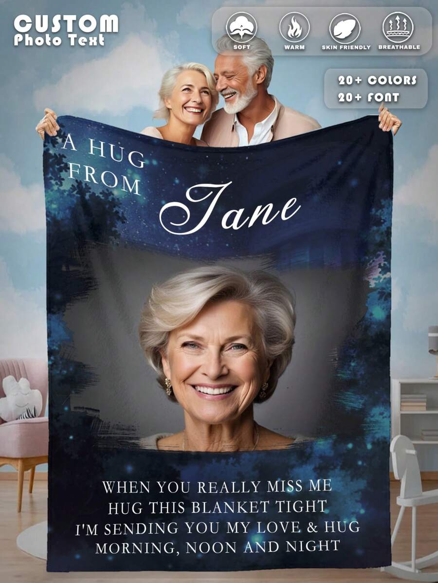 一条定制法兰绒照片毯，个性化纪念照片毯——一份缅怀逝去亲人的个性化礼物，一份慰问礼物，一份送给父亲、母亲、祖母、祖父、丈夫的丧亲慰问礼物——一份丧亲慰问礼物，一条定制纪念毯，用途广泛，适合客厅沙发、户外、海滩、露营、沙发床等场所。 - 款式2 - 查看 1