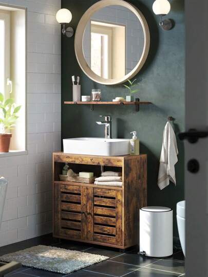  VASAGLE Under Sink Bathroom Cabinet, Storage Cabinet, Bathroom Storage Unit, 30 X 60 X 64 Cm, For Washbasins Without Pedestals, With 2 Louvred Doors, Adjustable Shelf, Rustic Brown