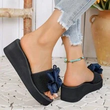 Women's Solid Color Sandals, Bowknot Decor Slip On Platform Beach Slides, Non-Slip Vacation Wedge Slides