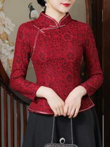 Women's Retro Chinese Style Thin Short Sleeve Tang Top, Porcelain Print V-Neck Casual Blouse