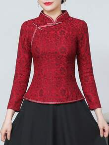 Women's Retro Chinese Style Thin Short Sleeve Tang Top, Porcelain Print V-Neck Casual Blouse