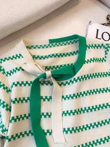 Rikumo New Summer Bowknot Color Block Striped Loose Knit Short Sleeve Top, Unique Design Casual - Green - View 5
