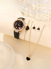 A Quartz Watch+Heart-Shaped Jewelry Set - Black - View 1