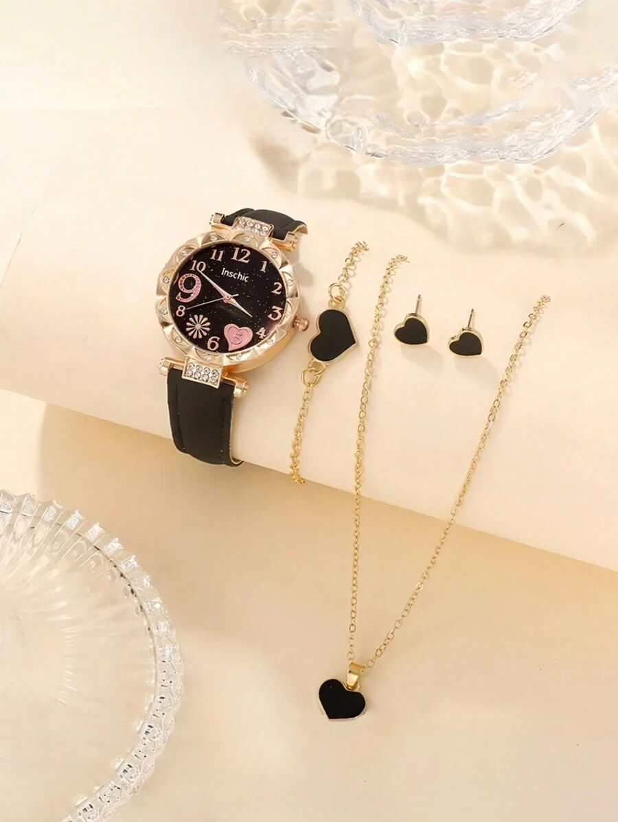 A Quartz Watch+Heart-Shaped Jewelry Set - Black - View 1