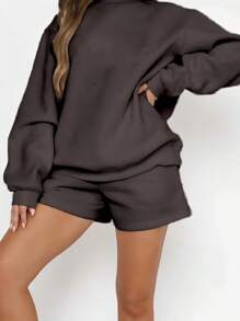 Ropa de mujer de dos piezas nuevo casual color sólido top de manga larga pantalones cortos sueltos suéter de moda - Gris Oscuro - Ver 3