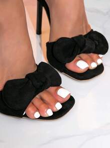 2025 女士舒适时尚宴会聚会黑色蝴蝶结系带细跟凉鞋 - 黑色 - 查看 3