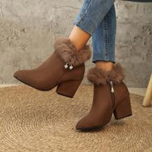 Plus Size Women Brown Pointy Toe High Heel Boots, New Autumn/Winter Fur Lining Thick Rhinestone Side Zipper Short Shaft Boots