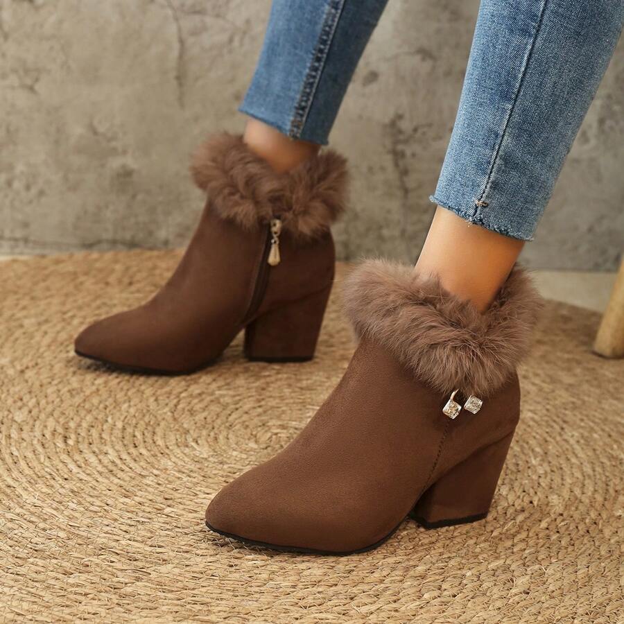 Plus Size Women Brown Pointy Toe High Heel Boots, New Autumn/Winter Fur Lining Thick Rhinestone Side Zipper Short Shaft Boots