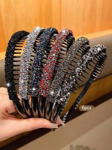 6pcs Fashion Rhinestone Hairband Hair Clips, Non-Slip Teeth For Daily Use - Multicolor - View 1