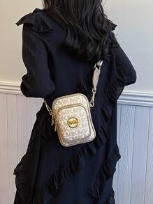 新款时尚经典百搭纯色PU防水面料，复古金属动物标志图案设计单肩包方形包，字母图案全身印花装饰设计多层斜挎钱包，拉链开合女士优雅钱包，适合购物。节日礼物，参加喜欢的活动 - 查看 4