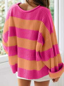 Women's Casual Contrast Stripe Pattern Drop Shoulder Loose Knit Sweater - Coral Pink - View 3