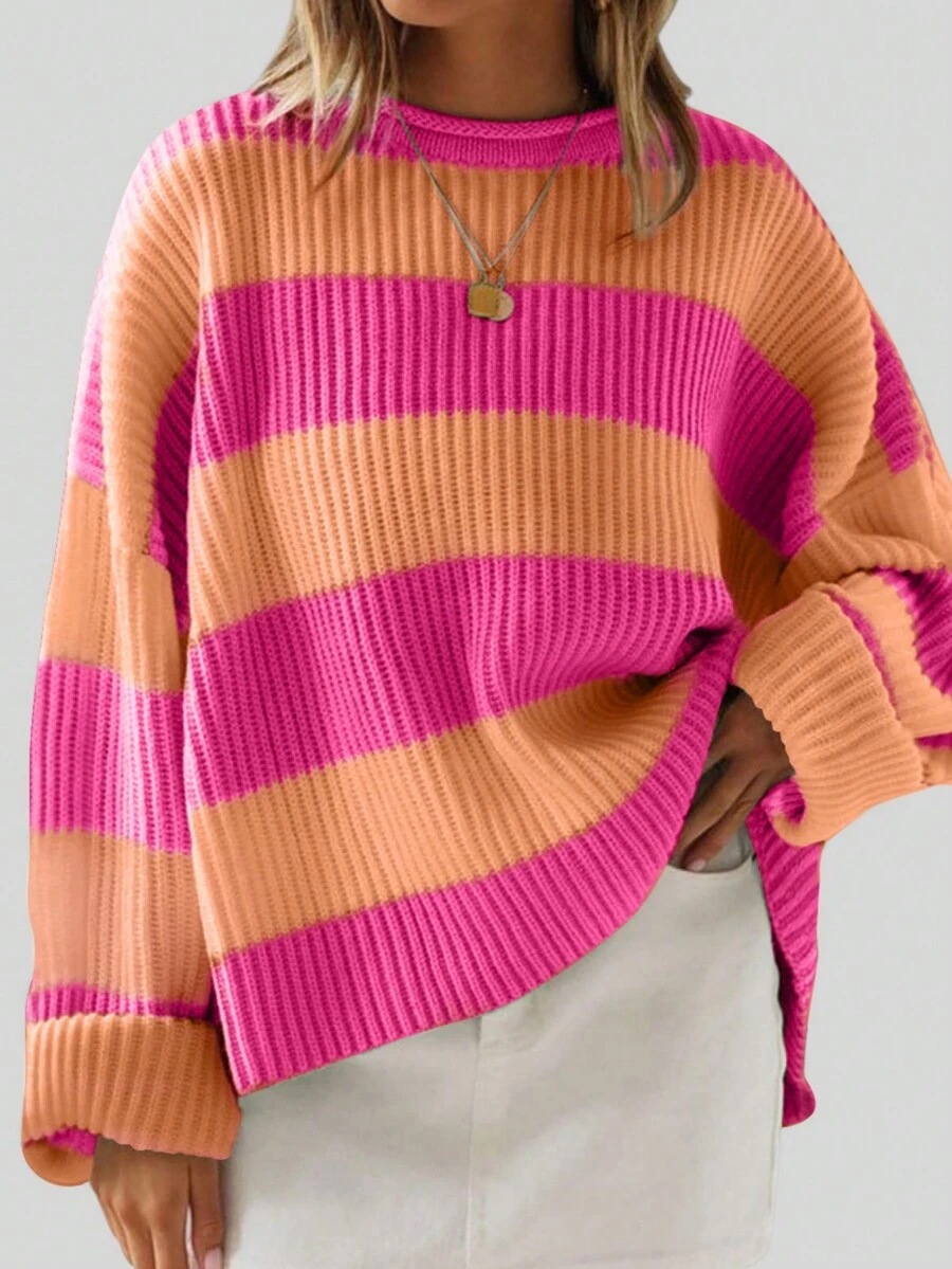 Women's Casual Contrast Stripe Pattern Drop Shoulder Loose Knit Sweater - Coral Pink - View 1