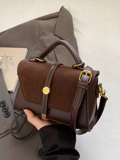 New Fashion Classic Metal Buckle Decorative Design Portable, Adjustable Shoulder Strap Square Bag, Suede Bag, Wine Red Bag Flip Design, Suitable For Outdoor Sports, Commuting, Shopping, Campus, Short Trips., Newest Fashionable Suede Bag For Women, Perfectly Matching With Fall Outfits Women Fall Clothes For Women