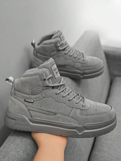 (Size Runs Small) Men's High-Top Fashion Sneakers, Casual Sports Street Style, Solid Color With Graphic Details, All-Season Lace-Up Running Shoes, PU & Fabric Upper, EVA Sole, Round Toe, Suitable For Daily Wear