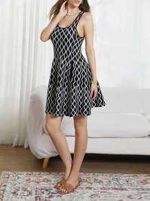 Women Summer Mini Tank Dress Sleeveless U Neck Pattern Print Cocktail Dress With Pockets - 黑色 - 查看 4