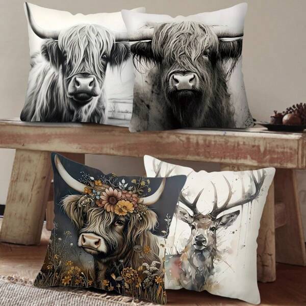 MEMNUN 1 pezzo Federa decorativa per cuscino con motivo retrò di testa di cervo e mucca rustica di campagna - Stampa unica su un lato, cuscino per divano auto, decorazione, in poliestere intrecciato lavabile in lavatrice, 45 cm quadrati (escluso inserto)