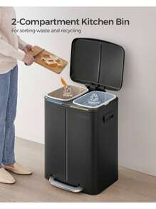 SONGMICS Double Rubbish Bin, 2 X 20L Kitchen Bin, Dual Compartment Metal Step Bin, With Plastic Inner Buckets, Soft-Close Lids, And Handles, Odour Seal, Black