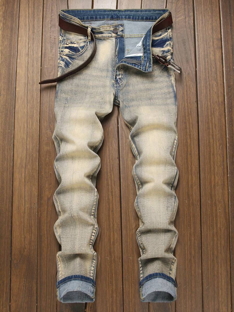 Męskie dopasowane, elastyczne jeansy jeansowe, modne męskie obcisłe jeansy, zniszczone, proste nogawki, modne i wygodne spodnie w pasie - Brąz - Zobacz 1