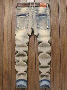 Męskie dopasowane, elastyczne jeansy jeansowe, modne męskie obcisłe jeansy, zniszczone, proste nogawki, modne i wygodne spodnie w pasie - Brąz - Zobacz 2