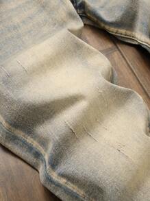 Męskie dopasowane, elastyczne jeansy jeansowe, modne męskie obcisłe jeansy, zniszczone, proste nogawki, modne i wygodne spodnie w pasie - Brąz - Zobacz 5