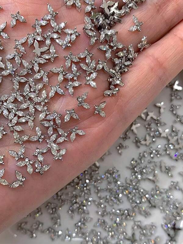 klimonla Mini Schmetterling Nagel Accessoires, Zirkonia Nagel Strass Accessoires, luxuriöse super glänzende Legierungs-Silber-Metall-Accessoires, kleine Stahlkugeln für Nägel