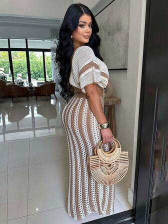 2 件套时尚性感 V 领镂空上衣和条纹低腰长裙套装