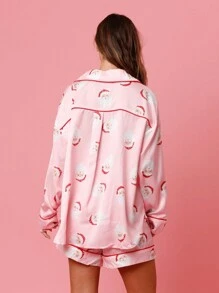 Women Christmas Pajama Set Santa Print Long Sleeve Tops And Elastic Shorts For Loungewear Soft Sleepwear For Nightwear