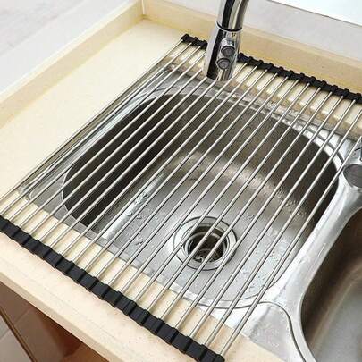 1 件，卷起式碗碟干燥架，不锈钢多功能碗碟沥水板架，硅胶环绕卷起式碗碟干燥架，适用于厨房水槽的可卷起碗碟沥水架，厨房工具