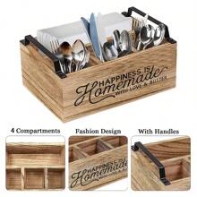 1 pezzo Scatola portaposate in legno con 4 scomparti, contenitore argentato per forchetta, coltello e cucchiaio, adatto per feste, picnic e campeggio, ideale per la cucina di famiglia e per gli strumenti da picnic all'aperto - Portaposate in legno - Visualizzare 9