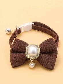 华夫格宠物项圈可爱蝴蝶结铃铛猫项圈复古珍珠吊坠狗项圈配饰适用于狗和猫装扮配饰