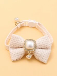 华夫格宠物项圈可爱蝴蝶结铃铛猫项圈复古珍珠吊坠狗项圈配饰适用于狗和猫装扮配饰