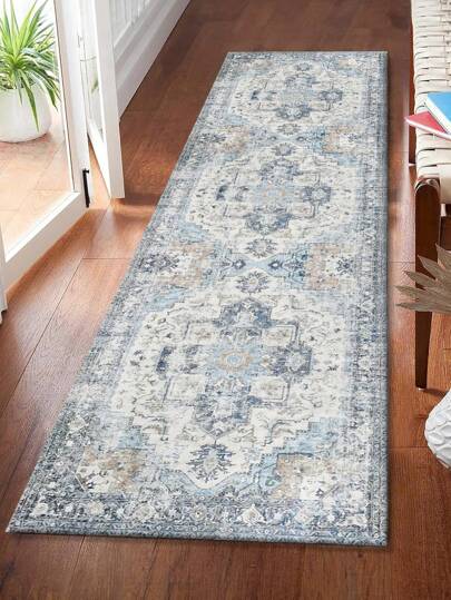 1 pieza Alfombra de área estilo bohemio retro de terciopelo azul claro europeo, 850g/m² 0,8cm de grosor, rectangular, antideslizante y lavable, alfombra decorativa para sala de estar, cocina, comedor, dormitorio, oficina, todo el año