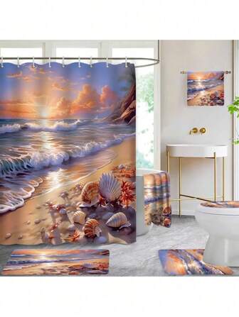 1pc/2pcs/4pcs/6pcs Shower Curtain Set With 12 Hooks, Toilet Covers Seat, Bath Mats Non-Slip Rug Carpet, 2 Pieces Ultra-Soft Large Bath Towel, Absorbent Hand Face Towels Washcloths Kitchen Dish Towel, Bathroom Accessories Home Bathroom Decor Fall Decor Back To School