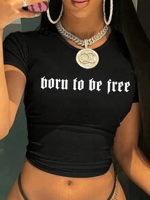 Y2K 字母印花女士休闲短袖 T 恤夏季 - 黑色 - 查看 1