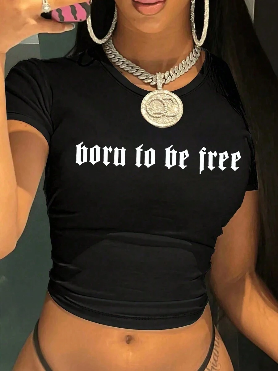 Y2K 字母印花女士休闲短袖 T 恤夏季 - 黑色 - 查看 1