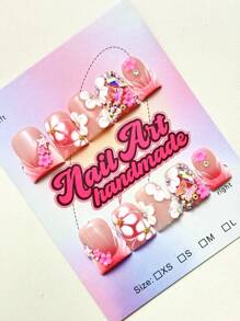 手工鸭嘴亚克力指甲贴，Y2K 少女风格，裸色和白色法式指甲贴，手工花卉图案，适合女士和女孩，派对/日常佩戴，10 件/套，3 种尺寸，包含工具，可作为礼物赠送