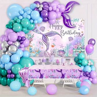 108pcs Mermaid Themed Background Cloth, Balloons, Tablecloth Set, Including Purple Mermaid Balloons, Mermaid Tail Balloon Arch Kit, With Banner, Birthday Decoration, Gift, Party Supplies
