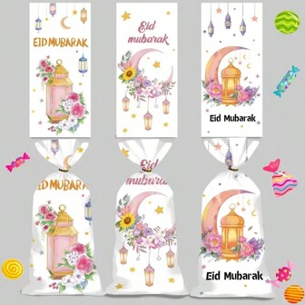 50 sztuk torebek cukierkowych Happy Eid z motywem gwiazdy, księżyca i zamku, odpowiednich na upominki i małe prezenty na przyjęcie Eid
